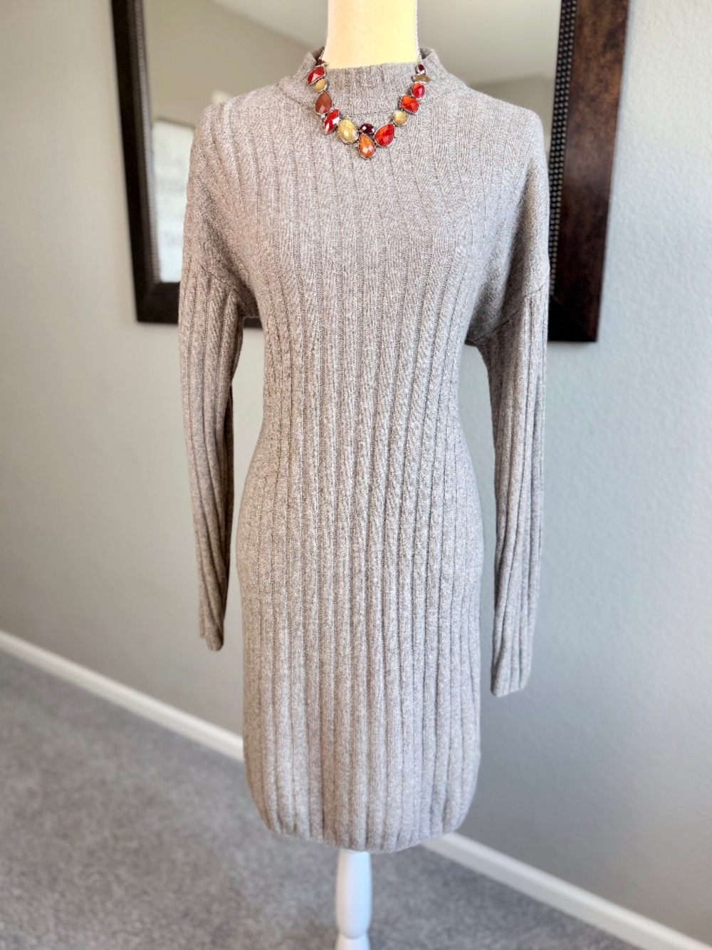 Hilary Radley Dress Small Taupe Knee Length Mock Neck Sweater Capsule Wardrobe